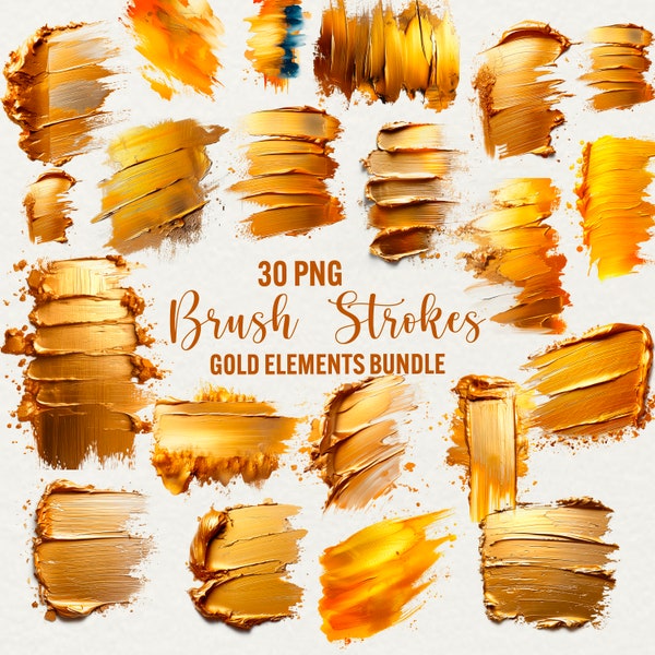 Golden Brush strokes clipart, 30 png gold paint strokes, metallic elements png, transparent background, instant download, commercial use