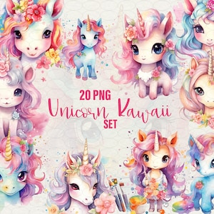 Cute Unicorn Watercolor Clipart png, Kawaii Unicorn Сlip art, cute Unicorn, 20 png Unicorn clip art, Baby Unicorn png, Commercial Use