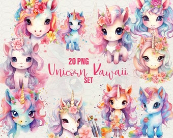 Clipart de acuarela de unicornio kawaii, conjunto de 20 PNG (uso comercial)