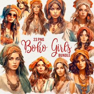Clipart ragazze boho, 23 PNG bundle Ritratti di donne ad acquerello, Clipart di ragazze boho della natura, Belle ragazze, Uso commerciale