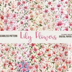 Flores de lírio aquarela sem costura, 28 flores de lírios papel digital, textura de fundo floral de lírios papel digital, uso comercial