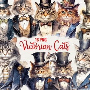 Clipart di gatti vittoriani ad acquerello, clipart di animali, 16 bellissime grafiche di gatti PNG, clipart di animali domestici eleganti, download immediato, uso commerciale.