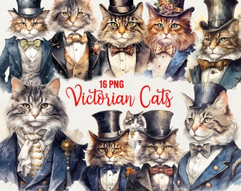 Watercolor Victorian Cats Clipart: Elegant Animal Graphics (PNG, Commercial Use)