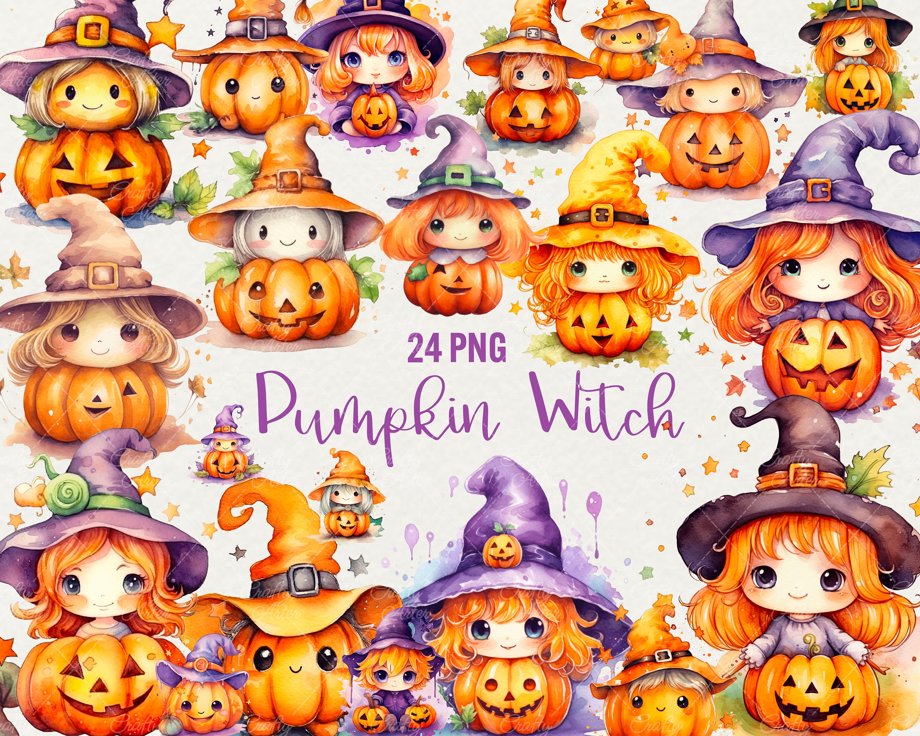 Watercolor Witch Pumpkin Clipart, Cute Halloween Graphics (24 PNG) - Etsy