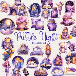 Zestaw akwareli Celestial Night Clip art, 57 grafik PNG Fioletowy Fantasy clipart Magiczna piżama, cyfrowe natychmiastowe pobieranie do użytku komercyjnego