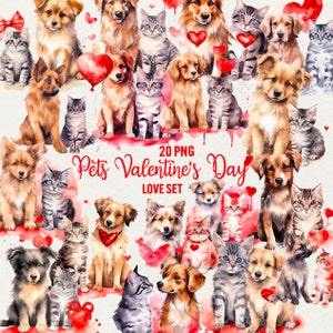 Bundle de cliparts aquarelle animaux de compagnie, amour de chat et de chien 20 PNG, coeur de la Saint-Valentin, chiots mignons Kitty Valentine, usage commercial