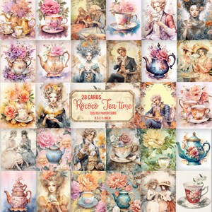 Cartes en papier numérique thé romantique, 28 cartes numériques vintage papier tea time scrapbooking clipart, papiers imprimables de journal indésirable, usage Commercial