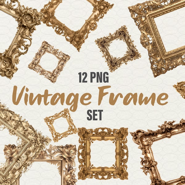 Gold vintage Frames Clipart set, gold Frame bundle 12 png, vintage aesthetic, gold Frame square clipart, Commercial Use.