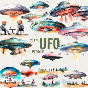 Clipart de fantasía OVNI en acuarela, paquete de clipart, 20 gráficos PNG, platillo volador, astronauta en acuarela, clip art OVNI extraterrestre, uso comercial
