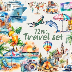 Aquarel reizen clipart, 72 png wereldreizen, reizen zomer clipart, palm, ticket, taal, vakantiereizen illustraties, commercieel gebruik.
