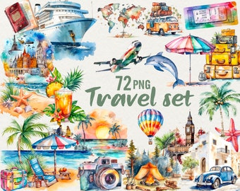 Watercolor Travel Clipart, 72 PNG World Travel, Travel Summer clipart, Palm, ticket, language, Vacation Travel clip art, Commercial Use.
