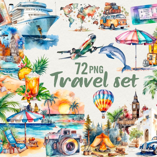 Aquarel reizen clipart, 72 PNG World Travel, reizen zomer clipart, Palm, ticket, taal, vakantie reizen illustraties, commercieel gebruik.