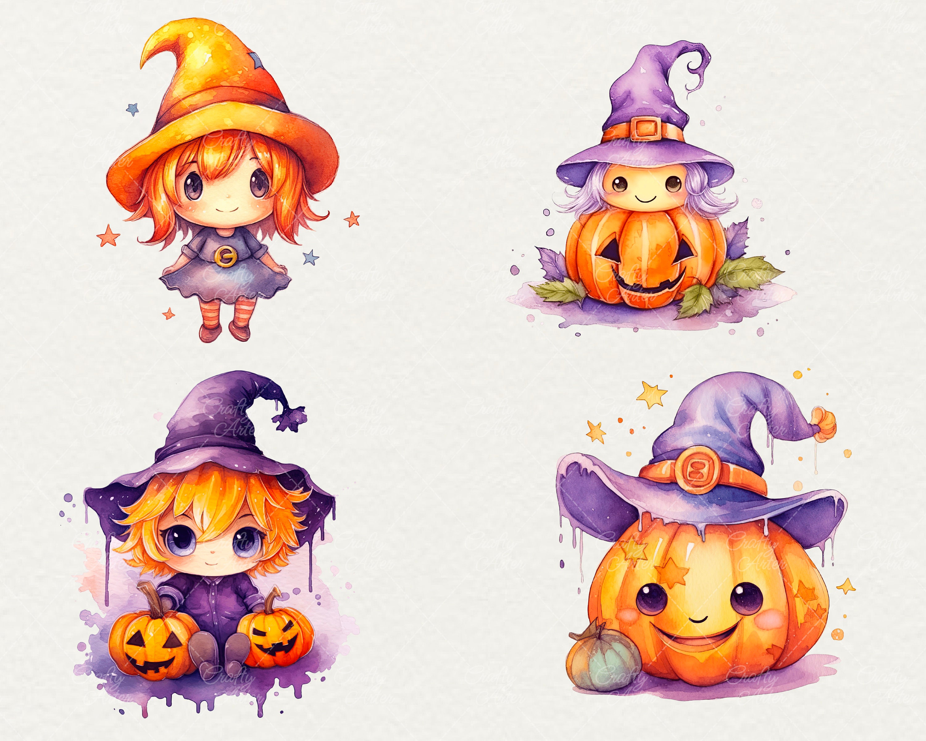 Watercolor Witch Pumpkin Clipart, Cute Halloween Graphics (24 PNG) - Etsy