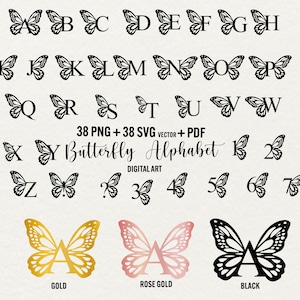 Clipart alphabet papillon, 38 fichiers vectoriels svg, graphique de lettre papillon 38 png, papillon monogramme, papillon rose or, usage commercial