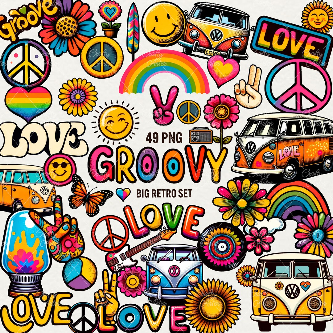 Groovy Retro Clipart, 49 PNG Hippie Rainbow, Piece Sign, Retro Hippie ...