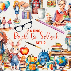 Clipart de volta às aulas, clipart de volta às aulas em aquarela, clipart de escola em aquarela, 54 PNG Crianças na escola Clipart digital, Uso comercial
