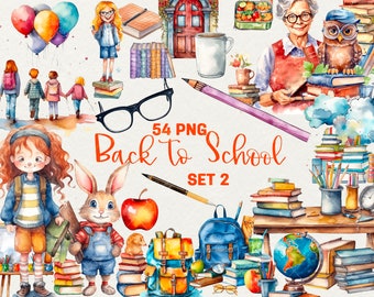 Watercolor Back to School Clipart: 54 PNG School Kids (Commercial Use)
