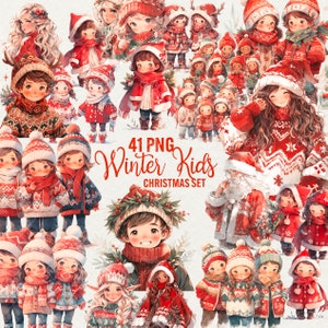 Kerst kinderen clipart, kerst meisje en jongen clipart, aquarel winter kinderen clipart, vakantie kinderen 41 png kerst commercieel gebruik
