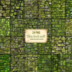 May include: A digital paper pack of 24 seamless patterns featuring a mossy brick wall. The patterns are perfect for creating backgrounds, textures, and designs for crafts, scrapbooking, and digital projects.