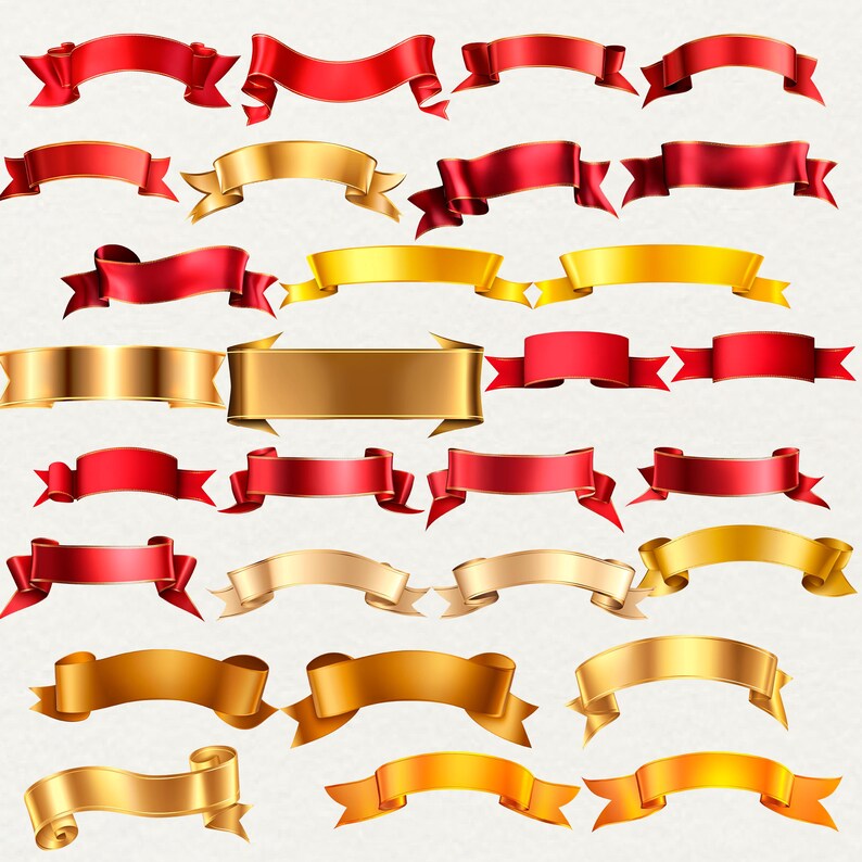 Ribbon Banners Clipart, 50 png red banners, gold ribbons, labels png, scrapbook, junk journal, transparent background, commercial use, ribbon overlays, paper crafts, red flag tag, gold flag tag, banner clip art graphics