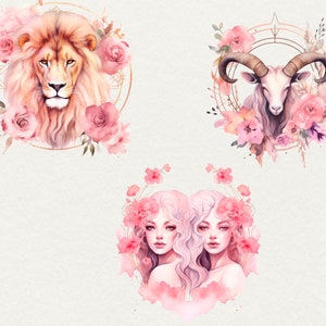 Watercolor Boho Zodiacs clipart, 12 png Horoscope clipart Astrological floral pink zodiac, Watercolor illustration Commercial Use