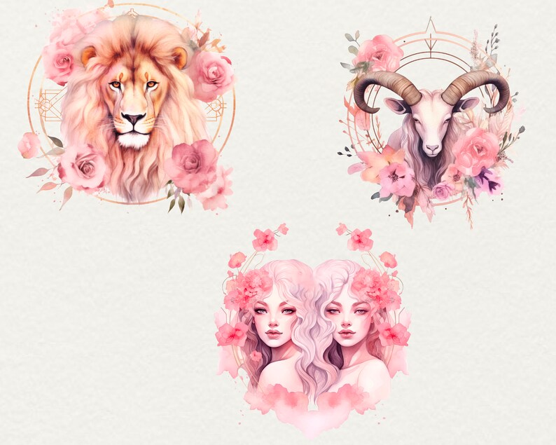 Watercolor Boho Zodiacs clipart, 12 png Horoscope clipart Astrological floral pink zodiac, Watercolor illustration Commercial Use