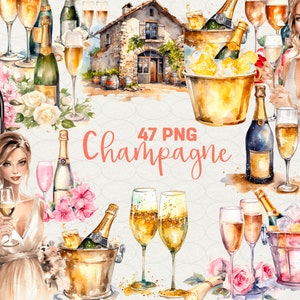Watercolor Floral Champagne Clipart, Floral Champagne 47 Png, Champagne Digital Craft, Watercolor Party Clipart, Digital PNG Commercial Use