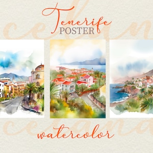 Póster de acuarela de Tenerife Canarias, descarga digital, arte del océano, póster del Teide, Tenerife, calle, isla Canaria. 3 carteles