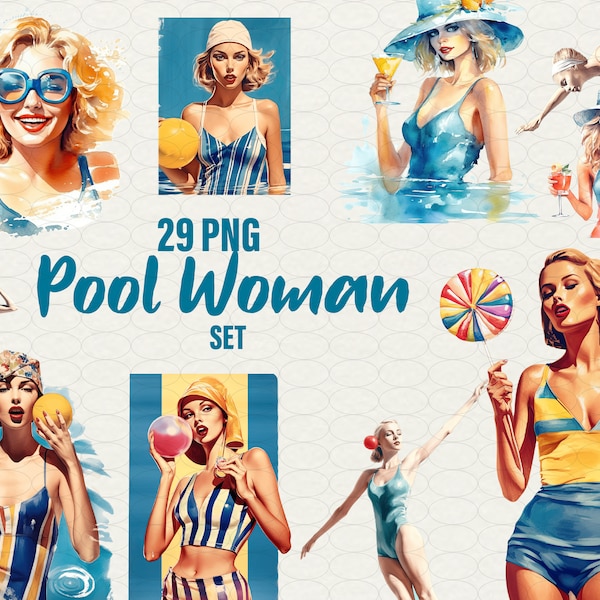 Summer clipart, woman in pool watercolor, watercolor summer pool, 29 PNG, Commercial Use