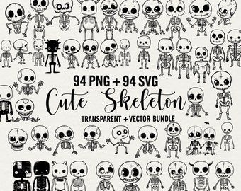 Cute Skeleton SVG Clipart Bundle, Halloween Skull Designs (PNG + SVG)