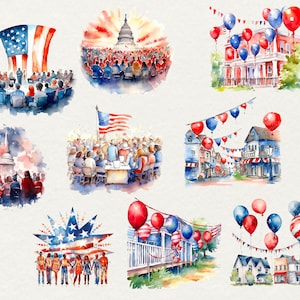 Puede incluir: Ilustraciones de acuarela de escenas patri&oacute;ticas con la bandera estadounidense, fuegos artificiales y personas celebrando el D&iacute;a de la Independencia. Las ilustraciones representan una variedad de escenarios, incluyendo una plaza de la ciudad, un desfile y una reuni&oacute;n frente al edificio del Capitool.
