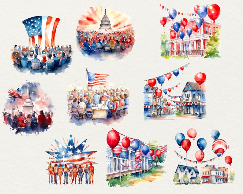 Puede incluir: Ilustraciones de acuarela de escenas patri&oacute;ticas con la bandera estadounidense, fuegos artificiales y personas celebrando el D&iacute;a de la Independencia. Las ilustraciones representan una variedad de escenarios, incluyendo una plaza de la ciudad, un desfile y una reuni&oacute;n frente al edificio del Capitool.