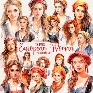Retro European Girls Clipart, 18 PNG pacote de gráficos de retratos de mulheres em aquarela, clipart de senhora vintage, linda garota, uso comercial