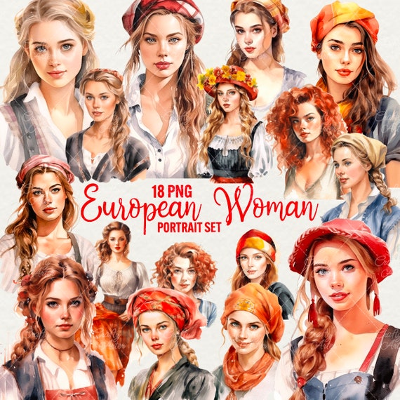 Retro European Woman Clipart: 18 PNG Watercolor Portraits (Commercial Use)