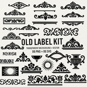 Puede incluir: Una colección de elementos gráficos vectoriales negros, que incluyen bordes ornamentados, adornos y diseños decorativos. Se muestra el texto "OLD LABEL KIT", junto con "TRANSPARENT BACKGROUND + VECTOR" e información del tipo de archivo.
