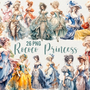 Rococo Ladies Clipart, clipart princesse aquarelle, 26 PNG rococo lady reine, belle dame fille dames, téléchargement immédiat, usage Commercial.
