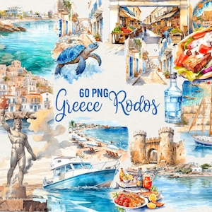 Rodi Grecia clipart, 60 png Grecia estate clip art, Grecia acquerello png, Grecia vacanze Rodos clip art, creazione di biglietti, uso commerciale