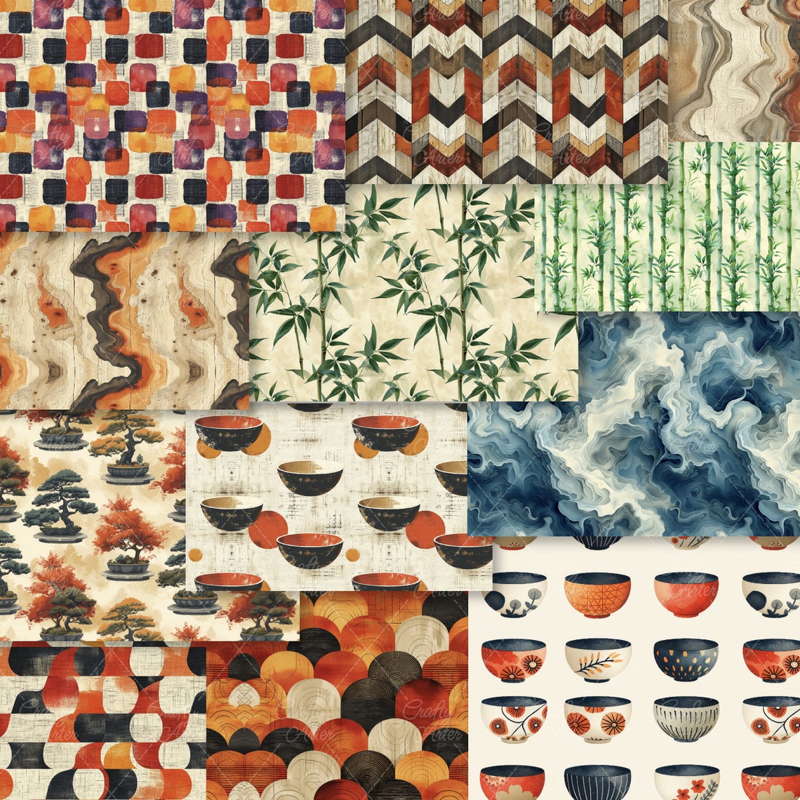 Japadi Pattern Japandi Digital Paper: 86 Seamless Patterns, Bonsai & Watercolor ...