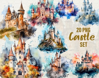 Clipart aquarel fantasiekasteel: mystieke png-landschappen (20 afbeeldingen)