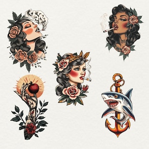 Old school Tattoo Clipart, 45 png traditional tattoo art, retro tattoo graphics, vintage tattoo png, transparent background, commercial use, red rose tattoo, skull tattoo, Tiger tattoo, mermaid tattoo, girl tattoo, cat tattoo, flower peony tattoo