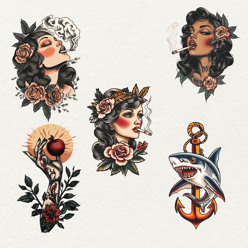 Old school Tattoo Clipart, 45 png traditional tattoo art, retro tattoo graphics, vintage tattoo png, transparent background, commercial use, red rose tattoo, skull tattoo, Tiger tattoo, mermaid tattoo, girl tattoo, cat tattoo, flower peony tattoo