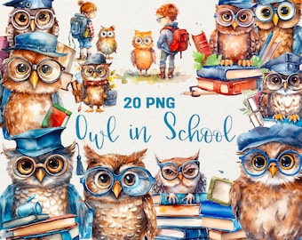 Watercolor Owl Clipart: School Animals, Books (20 PNG Digital)