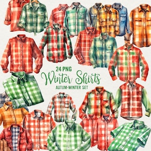 Winter Shirts Clothes Clipart, 24 png Watercolor fall wear illustration, Checkered Shirt Autumn Men&#39;s Wear, Fashion Clipart, Commercial use