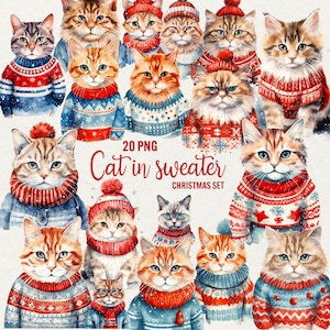 Clipart chat de Noël, 20 PNG aquarelle de Noël, clipart cadeau de Noël hiver, chats confortables festifs en pull de Noël, usage Commercial
