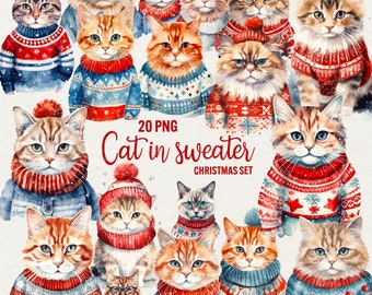 Christmas Cat Watercolor Clipart: Festive Cats in Sweaters (20 PNG)