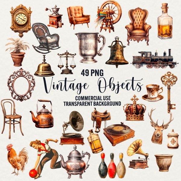 Old Things Clipart, 49 objetos vintage png, objetos antiguos de acuarela, muebles vintage, álbum de recortes efímero, uso comercial de diario basura