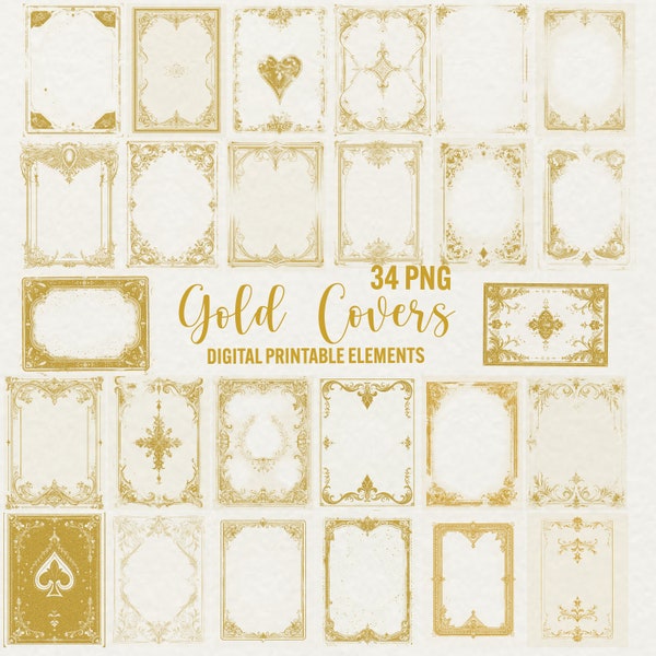 Gold Book covers clipart, 34 png gilded golden covers, ornate frame, gold corner border, digital scrapbook paper crafts, commercial use