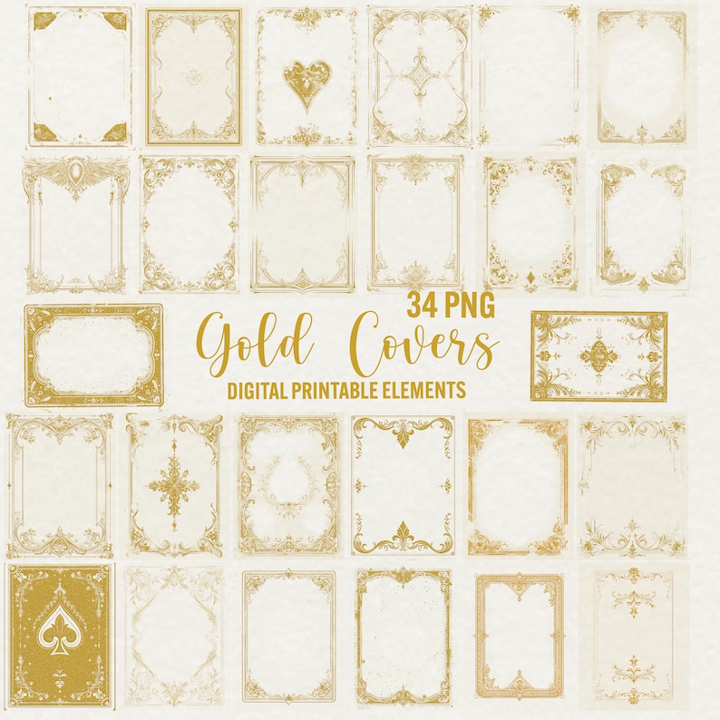 Gold Book covers clipart, 34 png gilded book covers, ornate frame, gold corner border, digital scrapbook paper crafts, commercial use, printable elements, decorative golden corner, transparent background, digital download, gold ornament graphics
