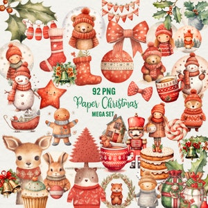 Retro kerst clipart, 92 png papier xmas neutraal clipart winter dieren retro clipart, vakantie kerstman sneeuwpop Clip art commercieel gebruik