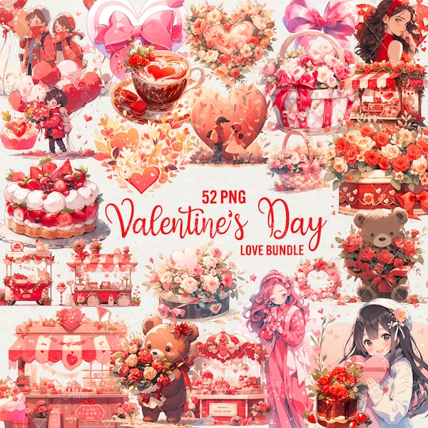 Valentine's Day Clipart bundle, 52 Png art Valentine gift Day Heart, Flowers scrapbooking Valentine illustration Digital art Commercial use